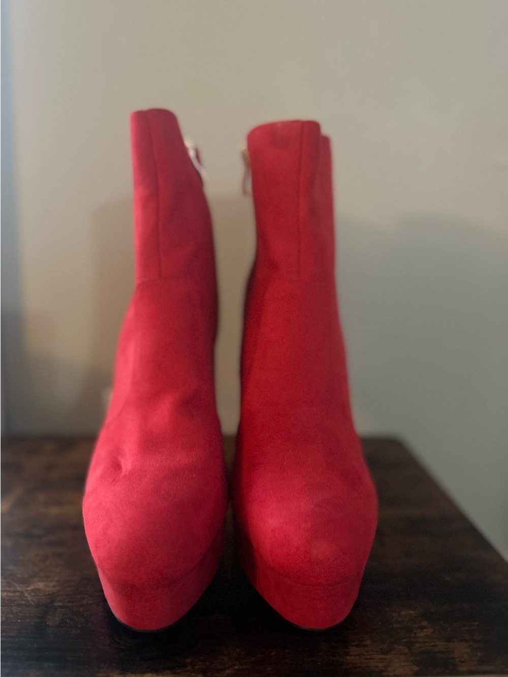 Shoe Dazzle red faux-suede platform stiletto ankle booties